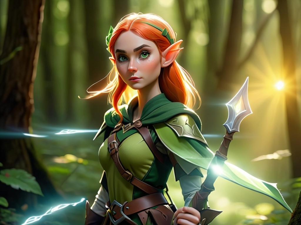 Prompt: Elf ranger in a mystical forest around sunlight