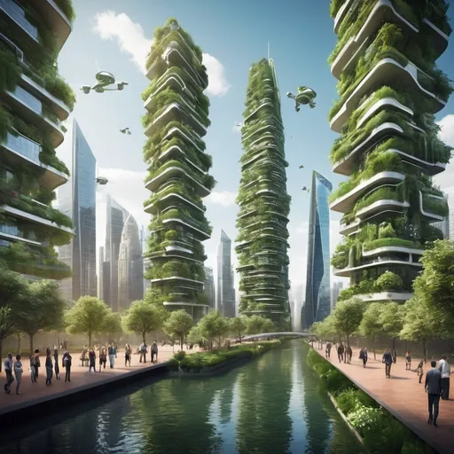 Prompt: Imagine a futuristic Earth where cities are transformed by advanced technology and sustainability. Skyscrapers are covered with greenery, creating vertical gardens. There are flying cars and drones buzzing in the clear sky. People are wearing sleek, high-tech clothing, and public spaces are filled with interactive screens and automated systems. Parks and rivers run through the city, emphasizing a balance between nature and technology.