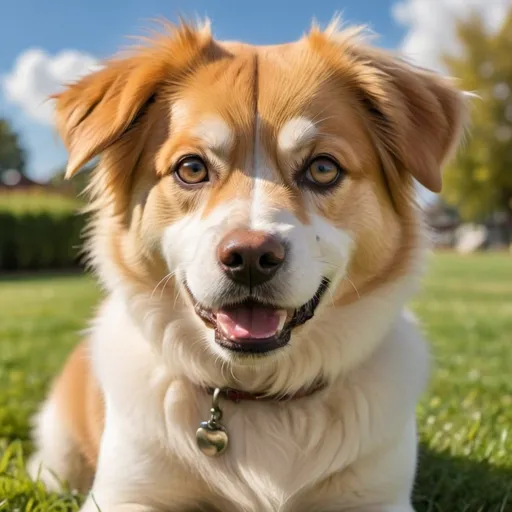 Prompt: Imagine a friendly dog with soft fur, big eyes, and a wagging tail. The dog is sitting on a grassy lawn with a bright, sunny sky in the background. Its fur is a mix of golden brown and white, and it looks happy and energetic.