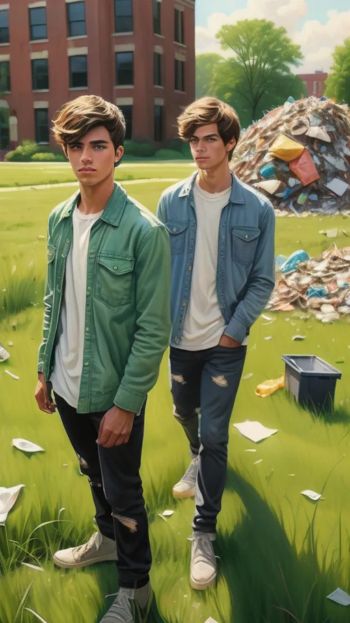 Prompt: (photorealistic) two young men standing side by side, in a vibrant field of lush green grass mixed with scattered trash, sunny day ambiance, detailed expressions and glamor poses, a weathered brick building in the background, high depth microscopic view, sharp focus on details, ultra-detailed lighting, contrasting elements blended with serene nature, evoking a sense of awareness and beauty amidst disarray.