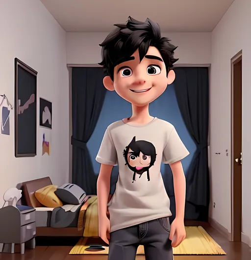 Prompt: A boy with short black hair in a bedroom happy and excited with black eyes with a t-shirt and jeans