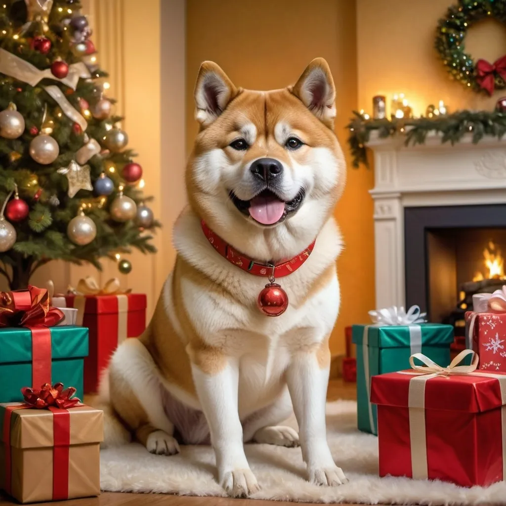 Prompt: Anthropomorphic Akita female dog with presents