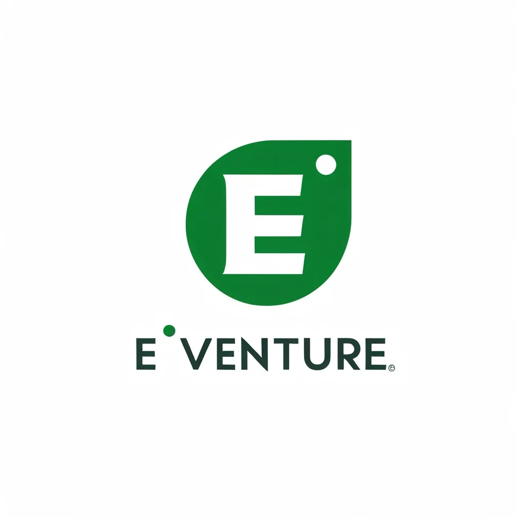 Prompt: The logo features a bold, uppercase letter "E" in white, positioned inside a rounded, green teardrop-shaped background. The shape has a glossy, modern look, with a small circular detail at the top-right corner, adding depth and a sleek design element. Beneath the symbol, the text "E-VENTURE" is written in two parts: "E-" is colored green, matching the teardrop shape, while "VENTURE" is in black, creating a contrast. The overall design has a fresh, tech-forward aesthetic, suggesting innovation and a focus on digital or business ventures.