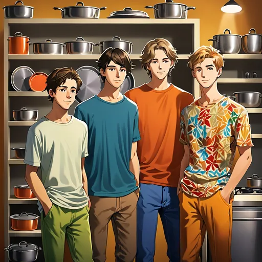 Prompt: Three young men stand shoulder to shoulder in a casual setting, each sporting distinct styles that reflect their personalities. The background features shelves with metallic cookware, hinting at a home environment, while colorful fabric drapes add warmth to the scene. The lighting is bright and evenly distributed, bringing out the subtle expressions of camaraderie between the friends, who appear relaxed and approachable. The individual on the right showcases a stylish black sweater with geometric patterns, while the others wear simpler, solid-colored tops, creating a layered visual interest. This moment captures a sense of youthfulness and friendship, evoking a relaxed social atmosphere.