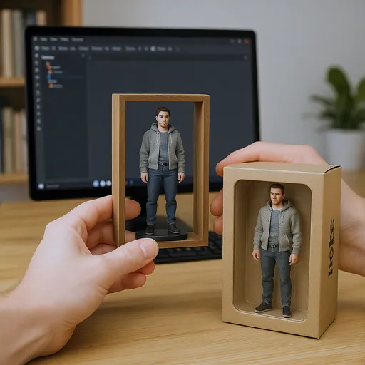 Prompt: Two hands gently pick up the figure in the frame and rotate it slightly for inspection. The model on the computer screen and the model printed on the packaging box remain stationary, while all other background elements stay unchanged.