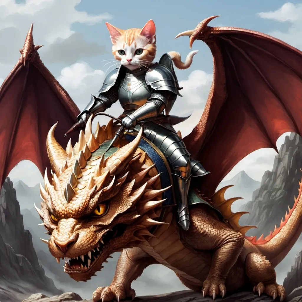 Prompt: an armored cat riding a dragon