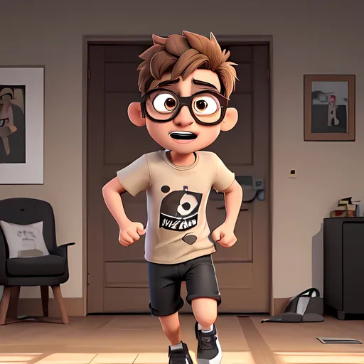 Prompt: light brown short haired man wearing glasses screaming terrified scared running wearing t-shirt & black jeans