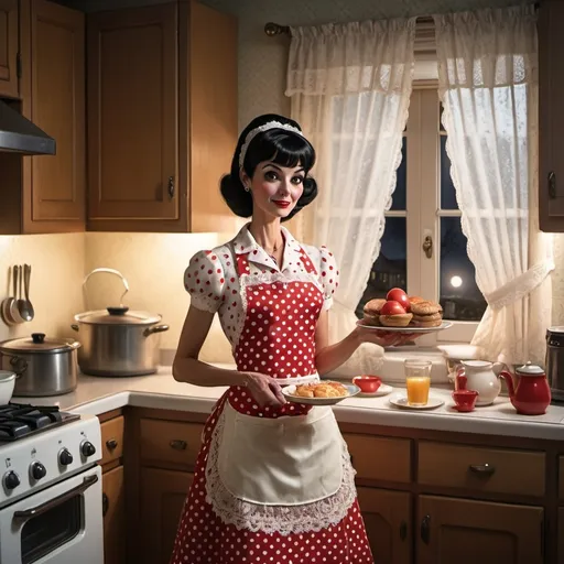 Prompt: (Scary tall and skinny 60s housewife), black hair, red polka-dot apron with (white lace trim), holding breakfast food on plate, ready to serve, standing in (dimly warm lit kitchen) at night, (moon visible through window), off-white lace curtains, (eerily inviting atmosphere), dark shadows and soft highlights creating depth, vintage decor elements, high detail, cinematic quality, (engaging ambiance).