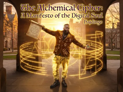 Prompt: Based on this photo you made, write the title of the book: "The Alchemical Cipher: A Manifesto of the Digital Soul", and the author should be "Hajdingo". The text you write should not detract too much from the photo, and the text should be highlighted in phosphor yellow and eggplant purple.