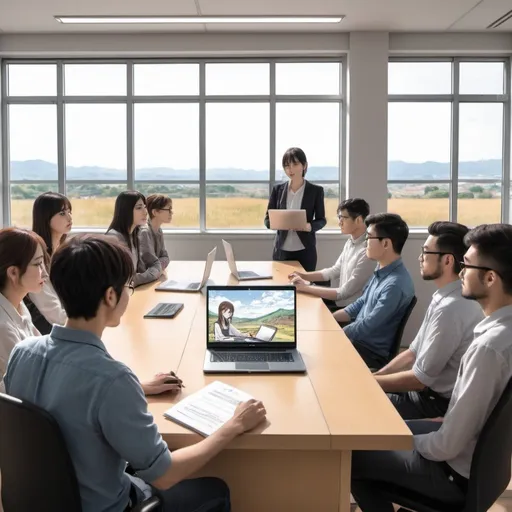 Prompt: do a AR 16:9 manga-style picture of a presenter (sitting in front of a laptop) giving a workshop to some 8 people who sit in a room with a lovely landscape out of the window