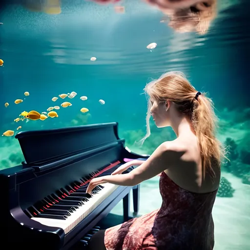 Prompt: Woman playing piano underwater