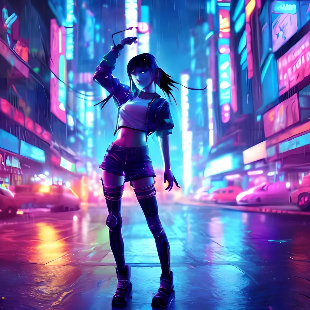 Prompt: Anime cyberpunk hologram girl dancing in neon city rain scifi