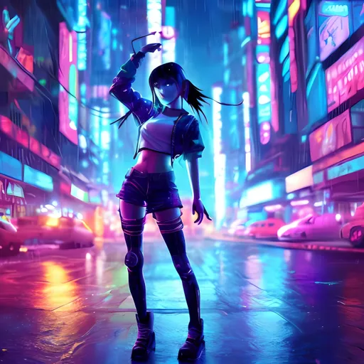 Prompt: Anime cyberpunk hologram girl dancing in neon city rain scifi