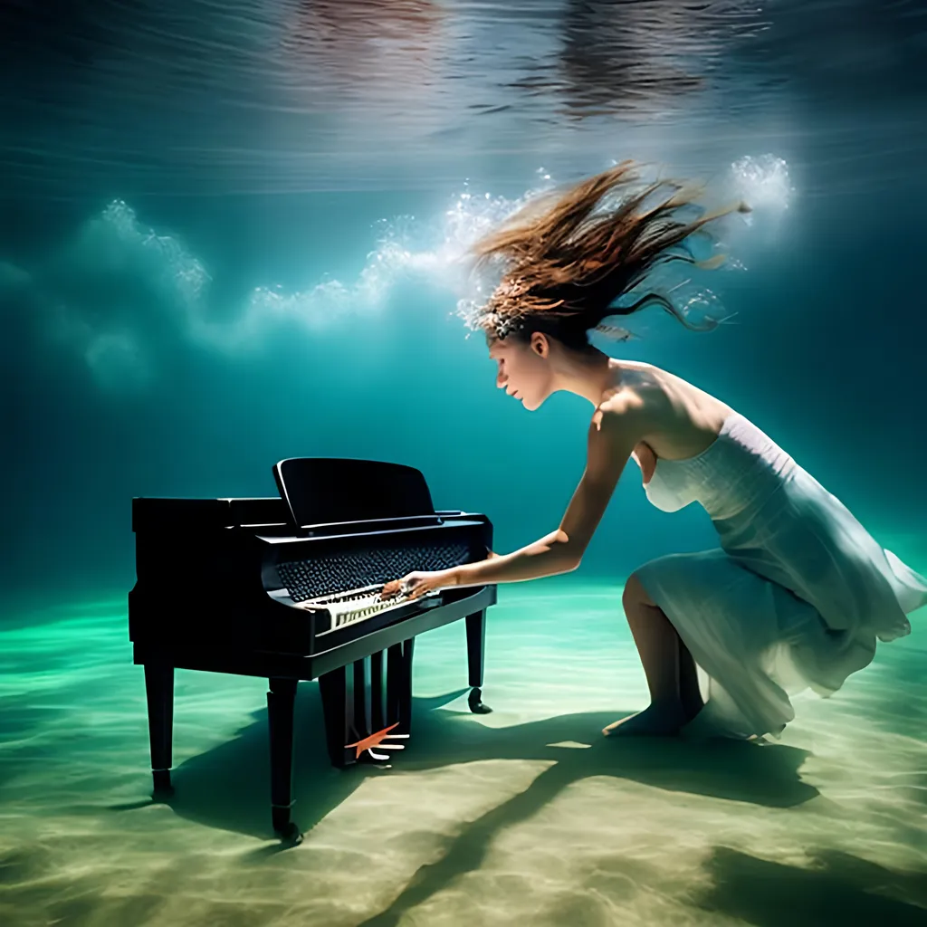 Prompt: Woman playing piano underwater