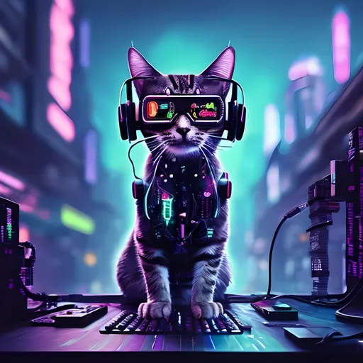Prompt: Cat in the headphones dancing cyberpunk