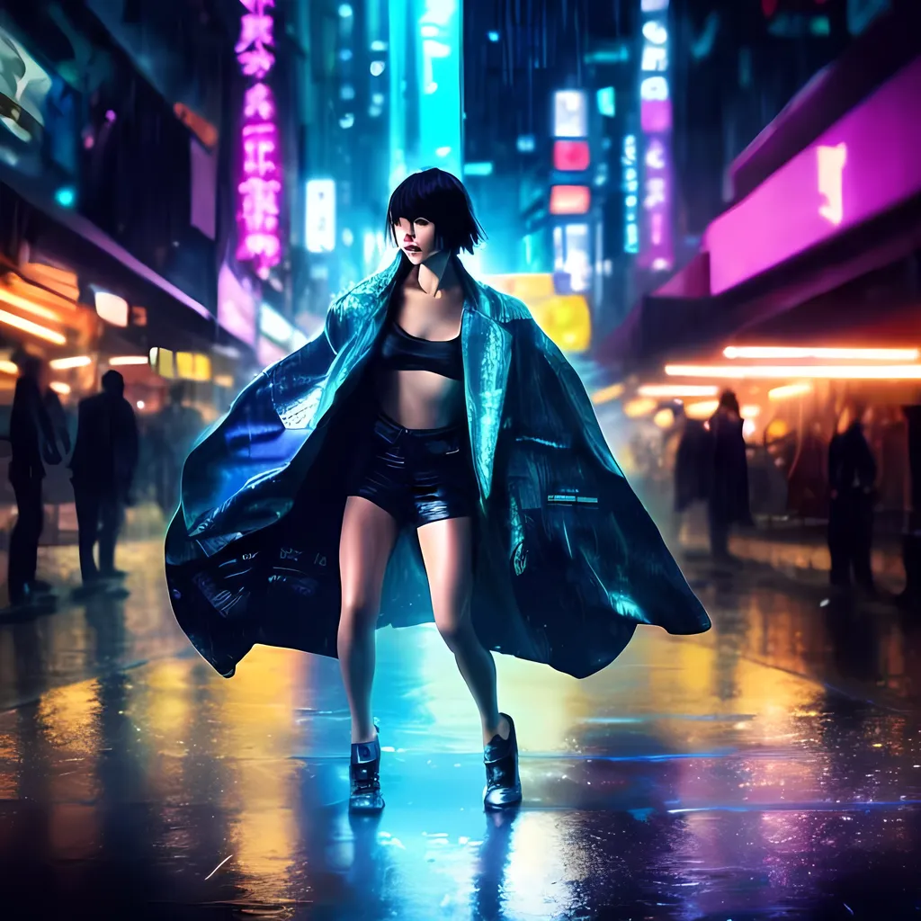 Prompt: Joi bladerunner dancing in the rain city night scifi