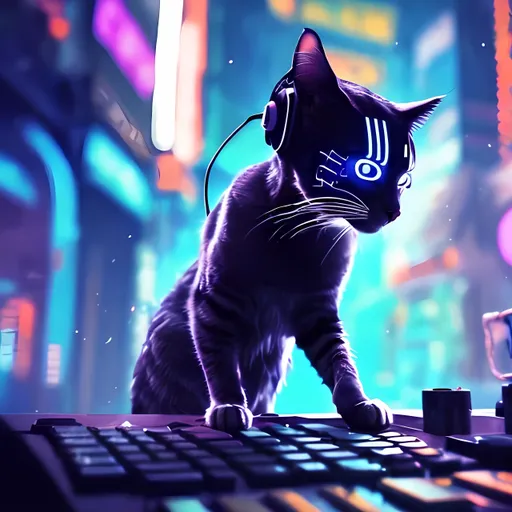 Prompt: Cat in the headphones dancing cyberpunk