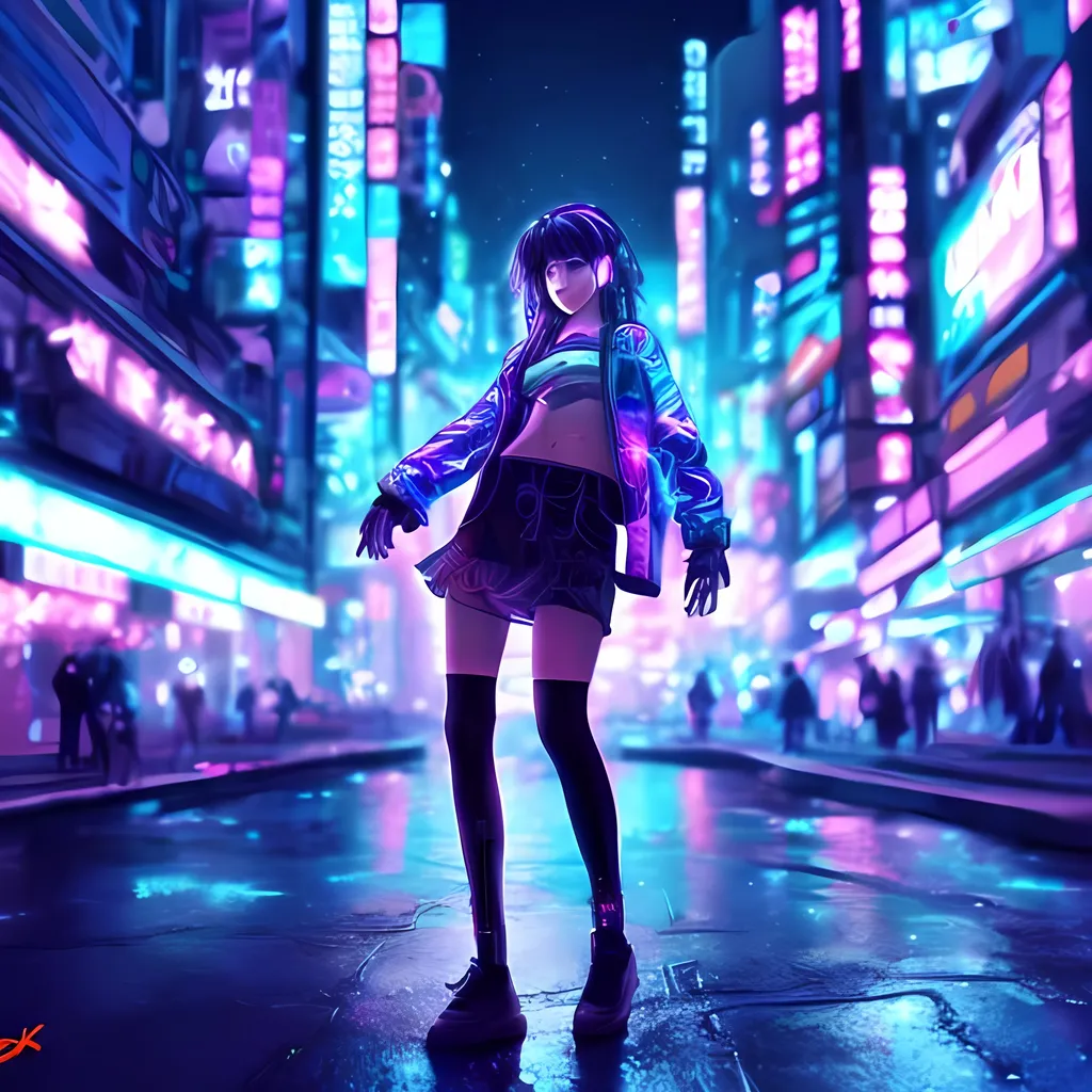 Prompt: Anime cyberpunk hologram girl dancing in neon city rain scifi