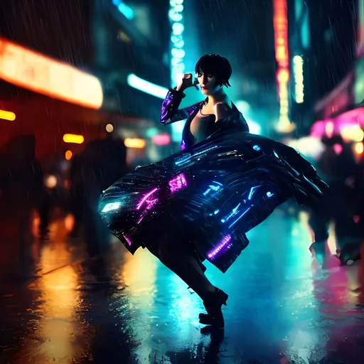 Prompt: Joi bladerunner dancing in the rain city night scifi