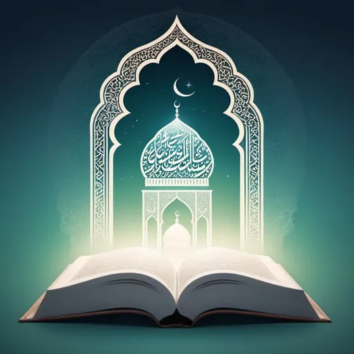 Prompt: Banner Art Concept:Visual Elements:Background: A serene and calming color palette, like soft shades of blue, teal, or pastel green, representing peace and spirituality. You could use a gradient that transitions from dawn-like light to a deep, peaceful night, symbolizing the journey of faith throughout the day.Central Image: A subtle, elegant illustration of a Quran with a gentle light emanating from it, symbolizing guidance and wisdom. The light could softly illuminate the surrounding area, creating a warm and inviting atmosphere.Additional Elements: Include delicate, abstract patterns or Islamic geometric designs, subtly incorporated into the background to add depth and a sense of cultural richness. You might also consider adding silhouettes of minarets or a mosque in the distance, enhancing the spiritual theme.Text:Channel Name: "Allah Ki Mohabbat Ko Paane Ka Safar" in a graceful, flowing Arabic-style font, placed centrally and prominently.Tagline: Below the channel name, in a smaller, complementary font, you could add a tagline like "Embrace the Light of Faith" or "Journey to Allah's Love."