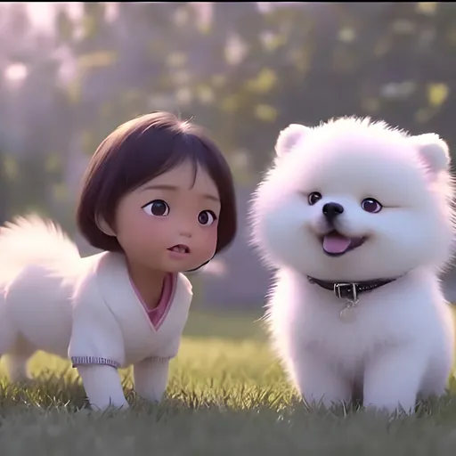 Prompt:  a asian girl and a white pomeranian puppy, animation movie
