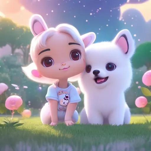 Prompt:  an asian baby girl and a white pomeranian puppy, friends, buddy, animation poster, cute, disney animation title, digital cartoon,title is "haidi" in english
