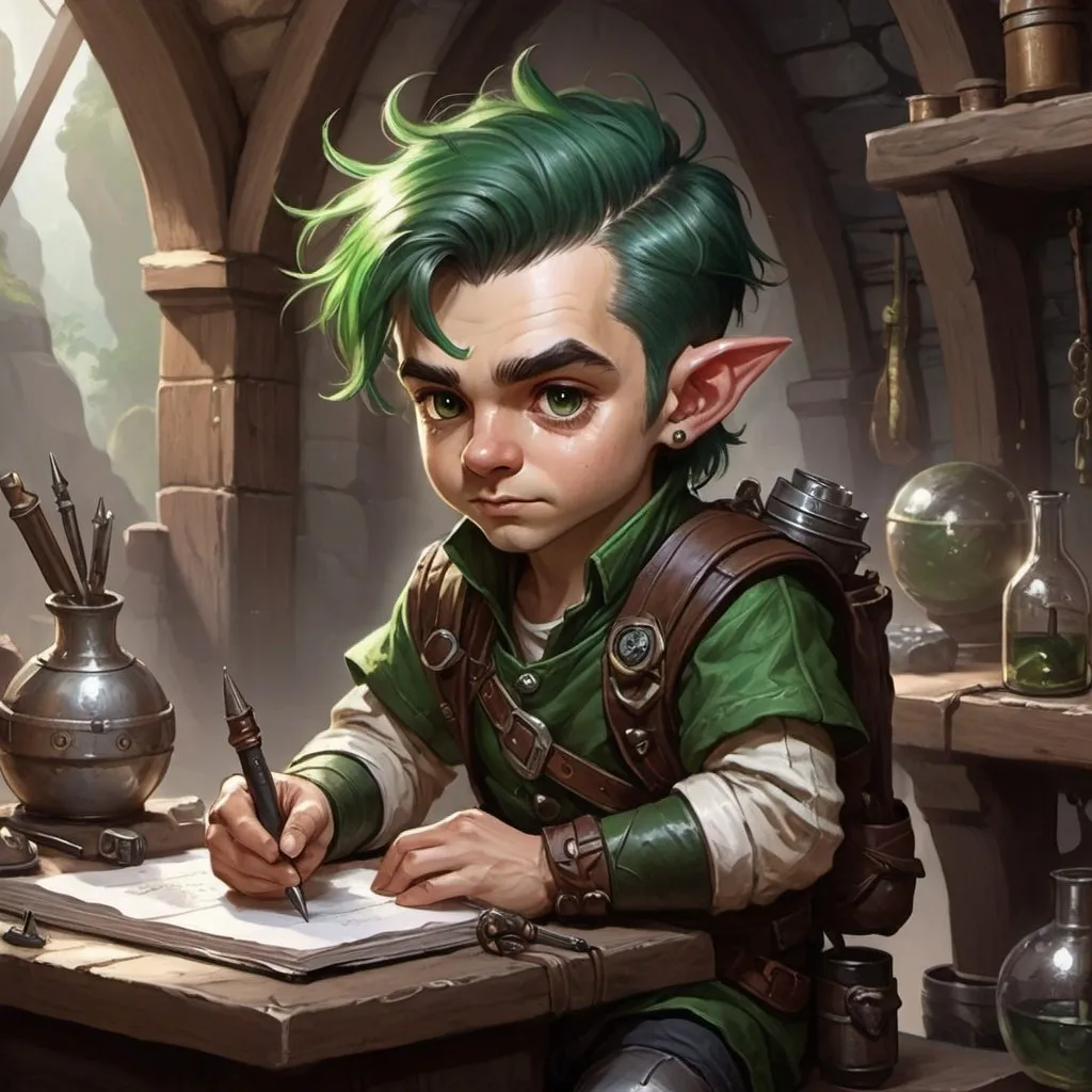 Prompt: dungeons and dragons fantasy art halfling male artificer with dark green hair workshop tinkerer