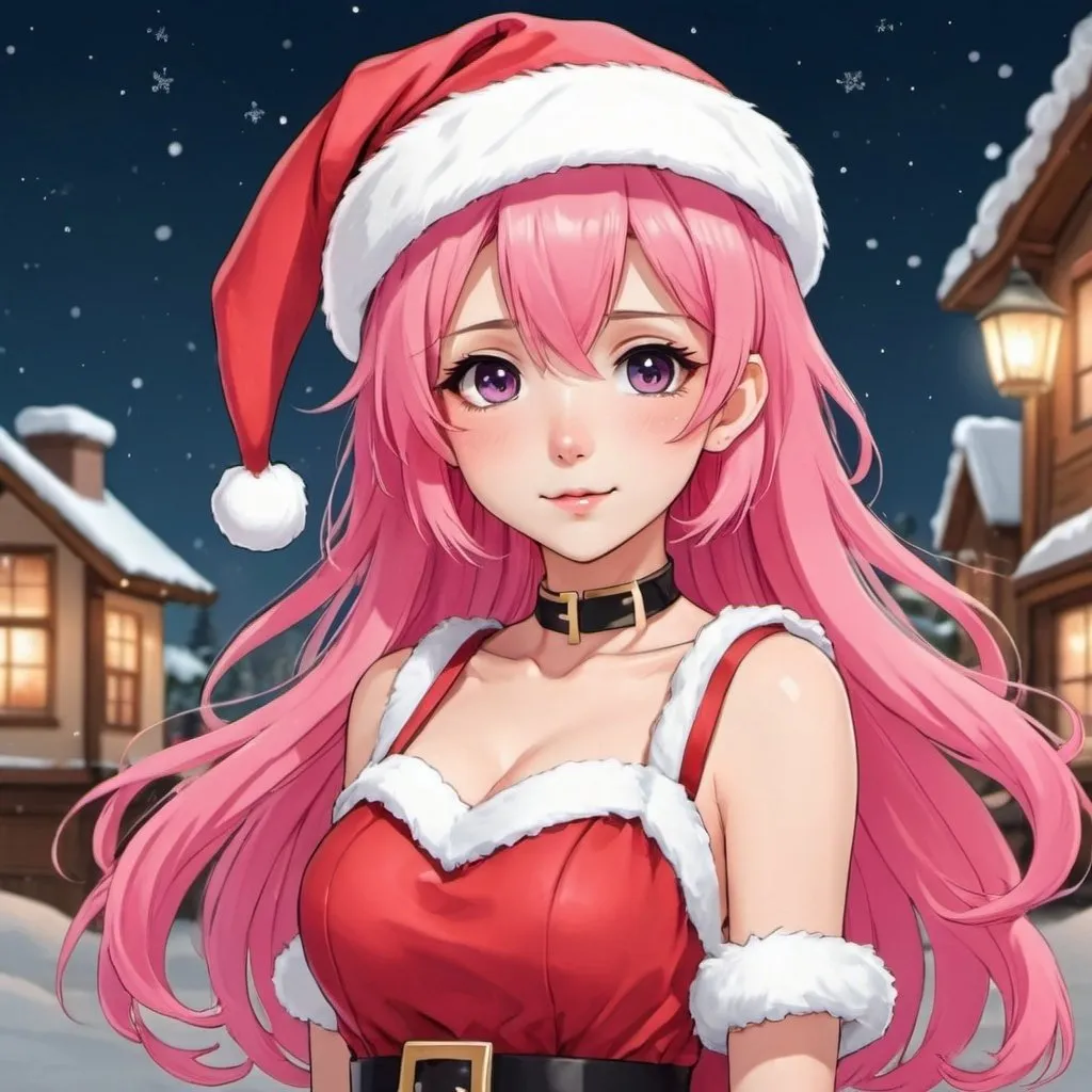 Prompt: Cute anime girl with pink hair wearing a santa dress and hat 