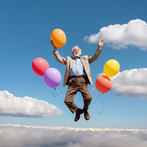 Prompt: happy old man jumping in the clouds and holding 3 differently colored balloons