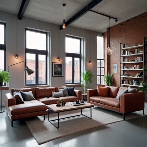 Prompt: Industrial style living room,white walls and one with brick cladding. Sonft grey cement floors, high ceallings with beams. L shape leather sofa with cushions and a cofee table