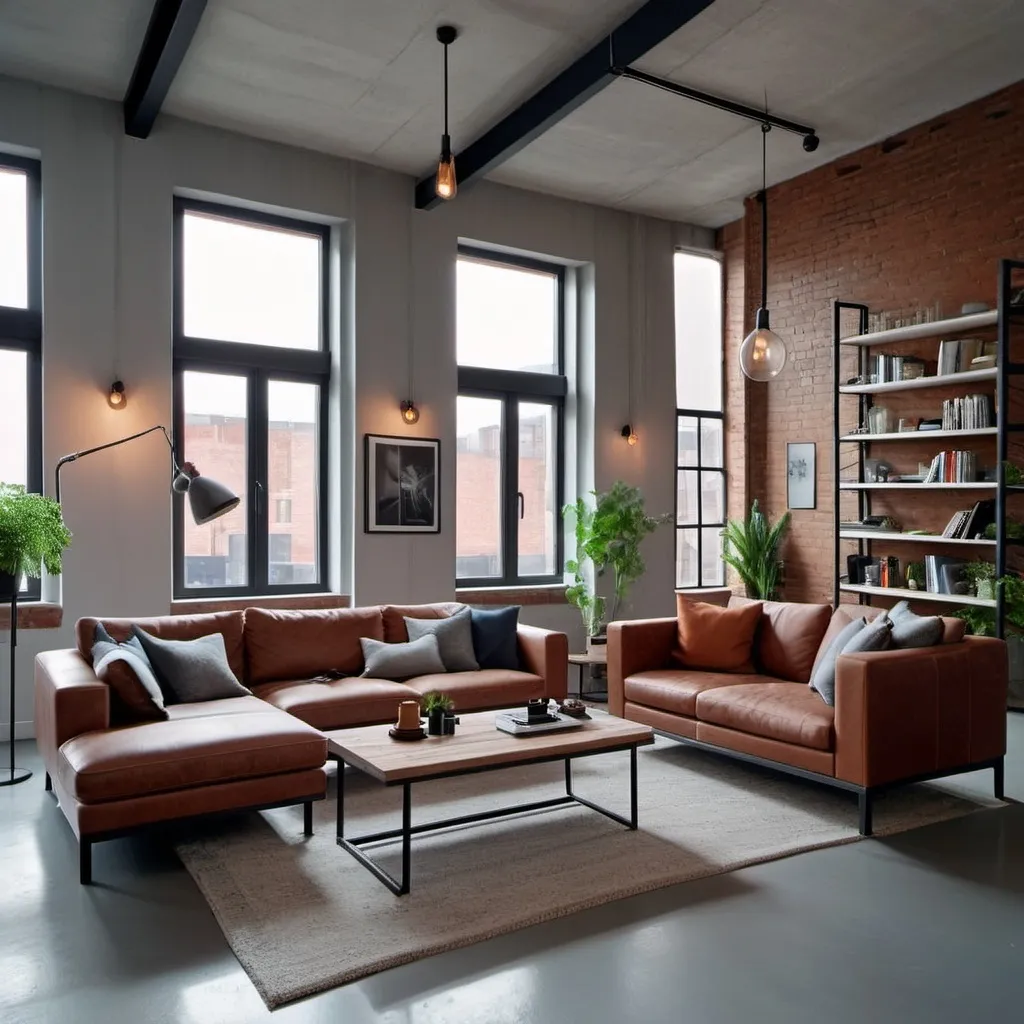 Prompt: Industrial style living room,white walls and one with brick cladding. Sonft grey cement floors, high ceallings with beams. L shape leather sofa with cushions and a cofee table