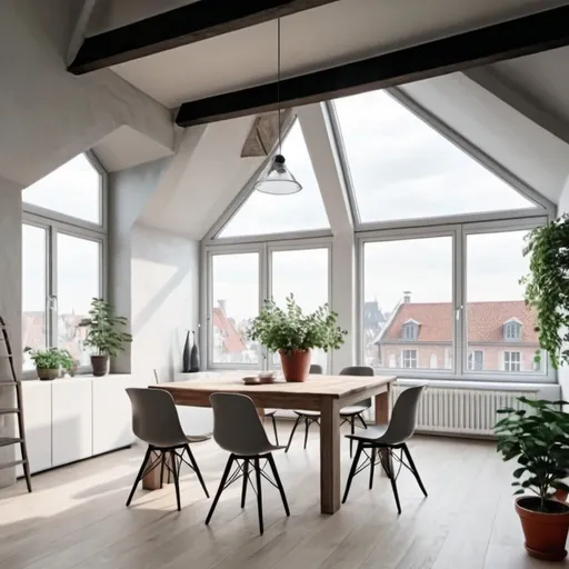 Prompt: a dining room with a table and chairs and a potted plant on the table and a window with a view, Florianne Becker, light and space, open ceiling, a flemish Baroque