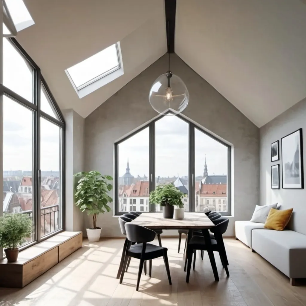 Prompt: a dining room with a table and chairs and a potted plant on the table and a window with a view, Florianne Becker, light and space, open ceiling, a flemish Baroque