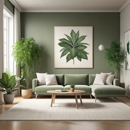 Prompt: a living room with a couch and a table with a plant on it and a wall hanging on the wall, Art Green, light and space, neutral colors, a digital rendering