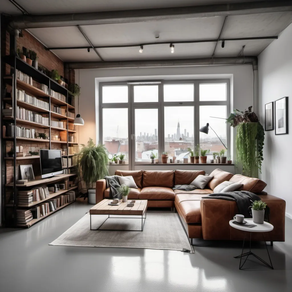 Prompt: Cosy industrial style  livingroom with  light grey cement  floors ,big windows looking out a city line .Big L shape leather sofa  with lots off coushios .Confortable  leather buterfly arm chair with a Side coffe table . White walls and one with  brick clading  and shefls with books and art, some plants and LED ligts under each shelf. High A shape ceallings with  beams. Linen courtins at all windows. cealling lamp,wall art work