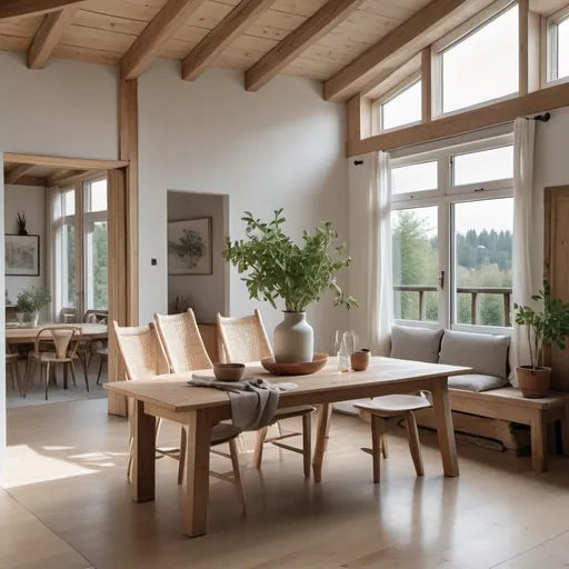 Prompt: a dining room with a table and chairs and a potted plant on the table and a window with a view, Florianne Becker, light and space, open ceiling, a flemish Baroque