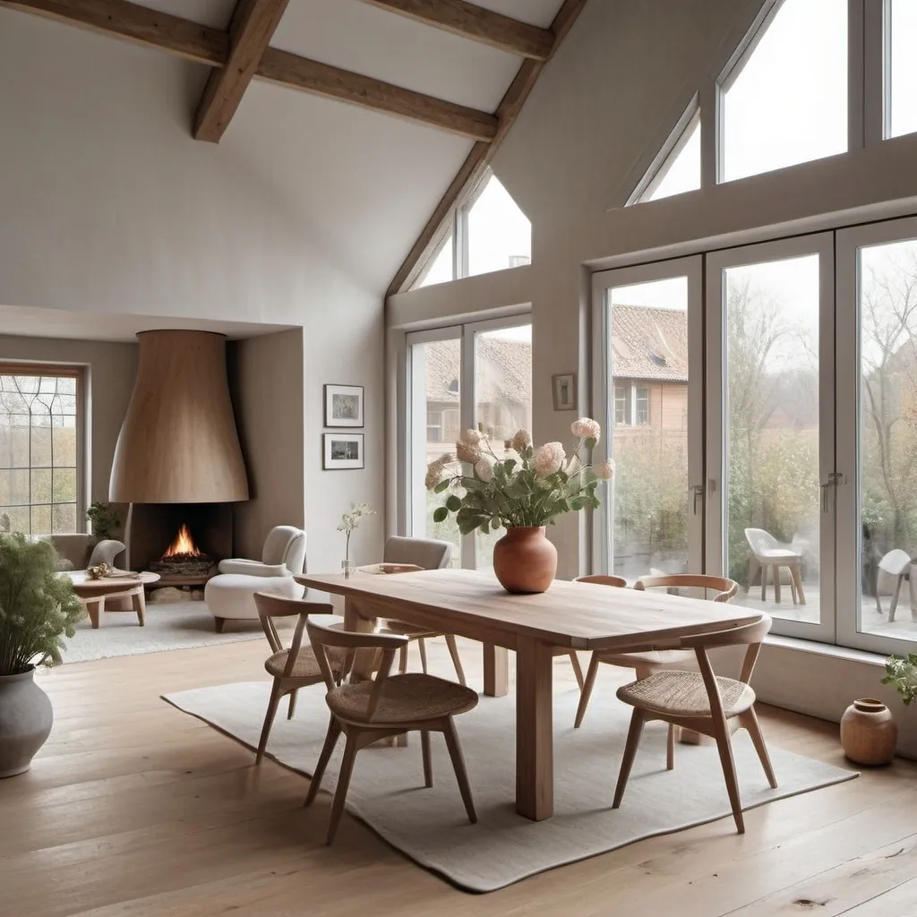 Prompt: a dining room with a table and chairs and a potted plant on the table and a window with a view, Florianne Becker, light and space, open ceiling, a flemish Baroque