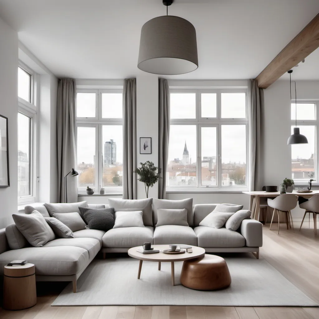 Prompt: Cosy modern livingroom with wood floors big wondows looking out a city line .Big L shape sofa soft grey with lots off coushios .Confortable arm chair with a Side wooden table . White walls and one with white brick clading . High A shape ceallings with light wood beams. Linen courtins at all windows. cealling lamp