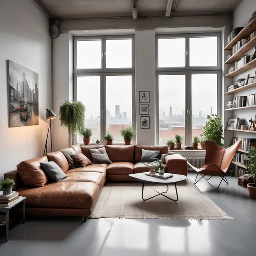 Prompt: Cosy industrial style  livingroom with  light grey cement  floors ,big windows looking out a city line .Big L shape leather sofa  with lots off coushios .Confortable  leather buterfly arm chair with a Side coffe table . White walls and one with  brick clading  and shefls with books and art, some plants and LED ligts under each shelf. High A shape ceallings with  beams. Linen courtins at all windows. cealling lamp,wall art work