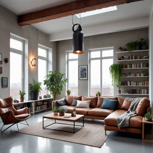 Prompt: Cosy industrial style  livingroom with  light grey cement  floors ,big windows looking out a city line .Big L shape leather sofa  with lots off coushios .Confortable  leather buterfly arm chair with a Side coffe table . White walls and one with  brick clading  and shefls with books and art, some plants and LED ligts under each shelf. High A shape ceallings with  beams. cealling lamp,wall art work