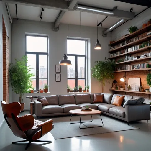 Prompt: Cosy industrial style  livingroom with  light grey cement  floors ,big windows looking out a city line .Big L shape leather sofa  with lots off coushios .Confortable  leather buterfly arm chair with a Side coffe table . White walls and one with  brick clading  and shefls with books and art, some plants and LED ligts under each shelf. High A shape ceallings with  beams. cealling lamp,wall art work