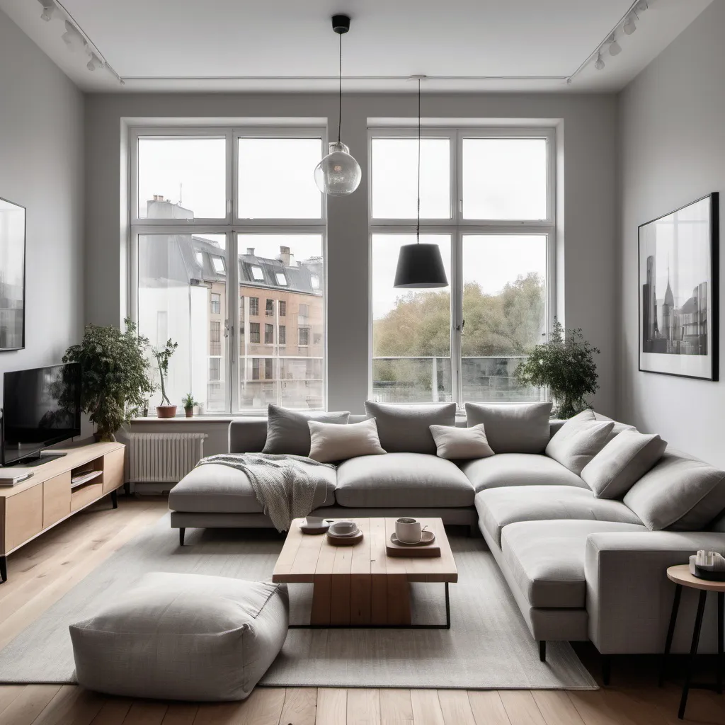 Prompt: Cosy modern livingroom with wood floors big wondows looking out a city line .Big L shape sofa soft grey with lots off coushios .Confortable arm chair with a Side wooden table . White walls and one with white brick clading . High A shape ceallings with light wood beams. Linen courtins at all windows. cealling lamp