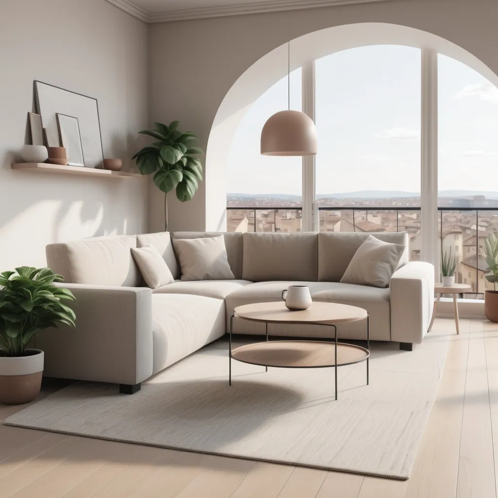 Prompt: a living room with a large sectional couch and a coffee table with a plant on it and a bookshelf behind it, Florence Engelbach, minimalism, neutral colors, a 3D render