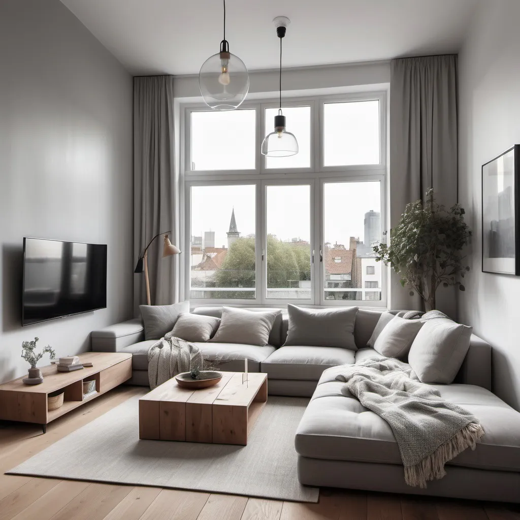 Prompt: Cosy modern livingroom with wood floors big wondows looking out a city line .Big L shape sofa soft grey with lots off coushios .Confortable arm chair with a Side wooden table . White walls and one with white brick clading . High A shape ceallings with light wood beams. Linen courtins at all windows. cealling lamp