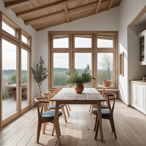 Prompt: a dining room with a table and chairs and a potted plant on the table and a window with a view, Florianne Becker, light and space, open ceiling, a flemish Baroque