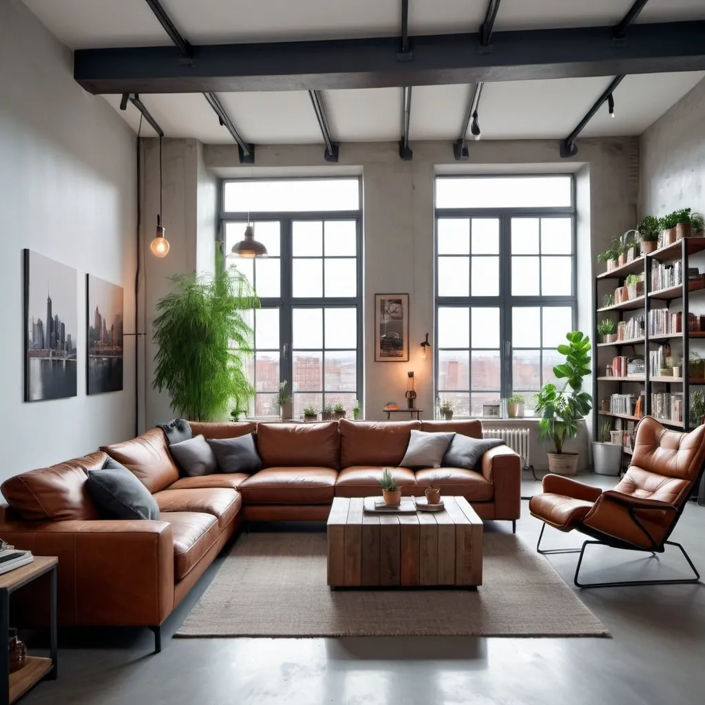 Prompt: Cosy industrial style  livingroom with  light grey cement  floors ,big windows looking out a city line .Big L shape leather sofa  with lots off coushios .Confortable  leather buterfly arm chair with a Side coffe table . White walls and one with  brick clading  and shefls with books and art, some plants and LED ligts under each shelf. High A shape ceallings with  beams. cealling lamp,wall art work