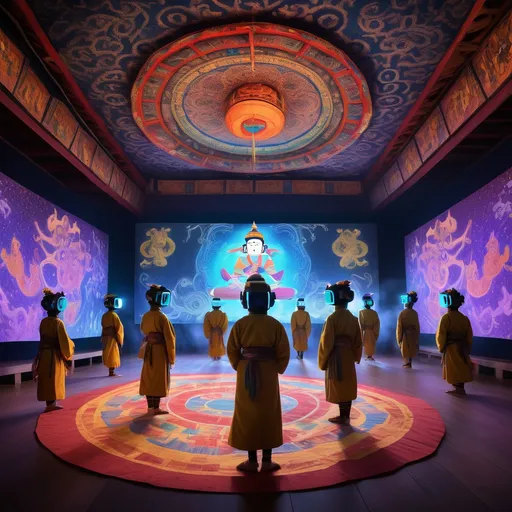 Prompt: "A vibrant and futuristic scene blending Bhutanese culture with advanced AI technology. In the foreground, people wearing VR headsets are immersed in a virtual Tsechu festival, surrounded by holographic dancers performing the Cham dance in traditional Bhutanese attire. Ancient Dzongkha manuscripts are being scanned and digitized by glowing AI-powered robotic arms in the background. A large hologram of the Tiger’s Nest Monastery is displayed, with virtual monks explaining its significance. Floating screens translate Dzongkha text into multiple languages, while an interactive AI teaching app shows gamified Dzongkha lessons on a nearby tablet. The setting combines Bhutan’s natural mountain landscape, adorned with traditional prayer flags, with futuristic elements like glowing data streams and sleek, AI-inspired architecture."