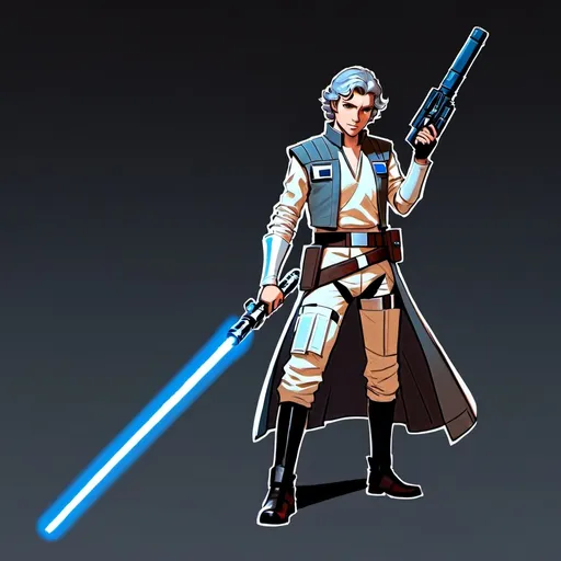 Prompt: a young man with wavy grey hair and grey eyes, in a star wars outfit holding a saber in his left hand, and a blaster pistol in his right hand, with a blue light behind him, space art, character concept art, concept art