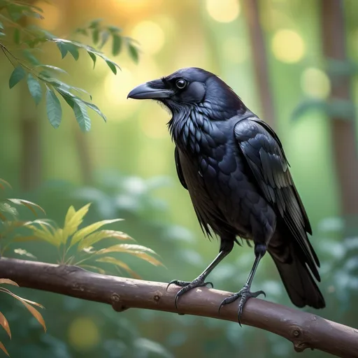 Prompt: (crow learning to walk), perched on a branch, vibrant natural colors, intricate feathers, curious expression, soft morning light filtering through leaves, a sense of determination and exploration, blurred forest background, attention to detail, ultra-detailed, serene ambiance, nature theme, innovative perspective, captivating composition.