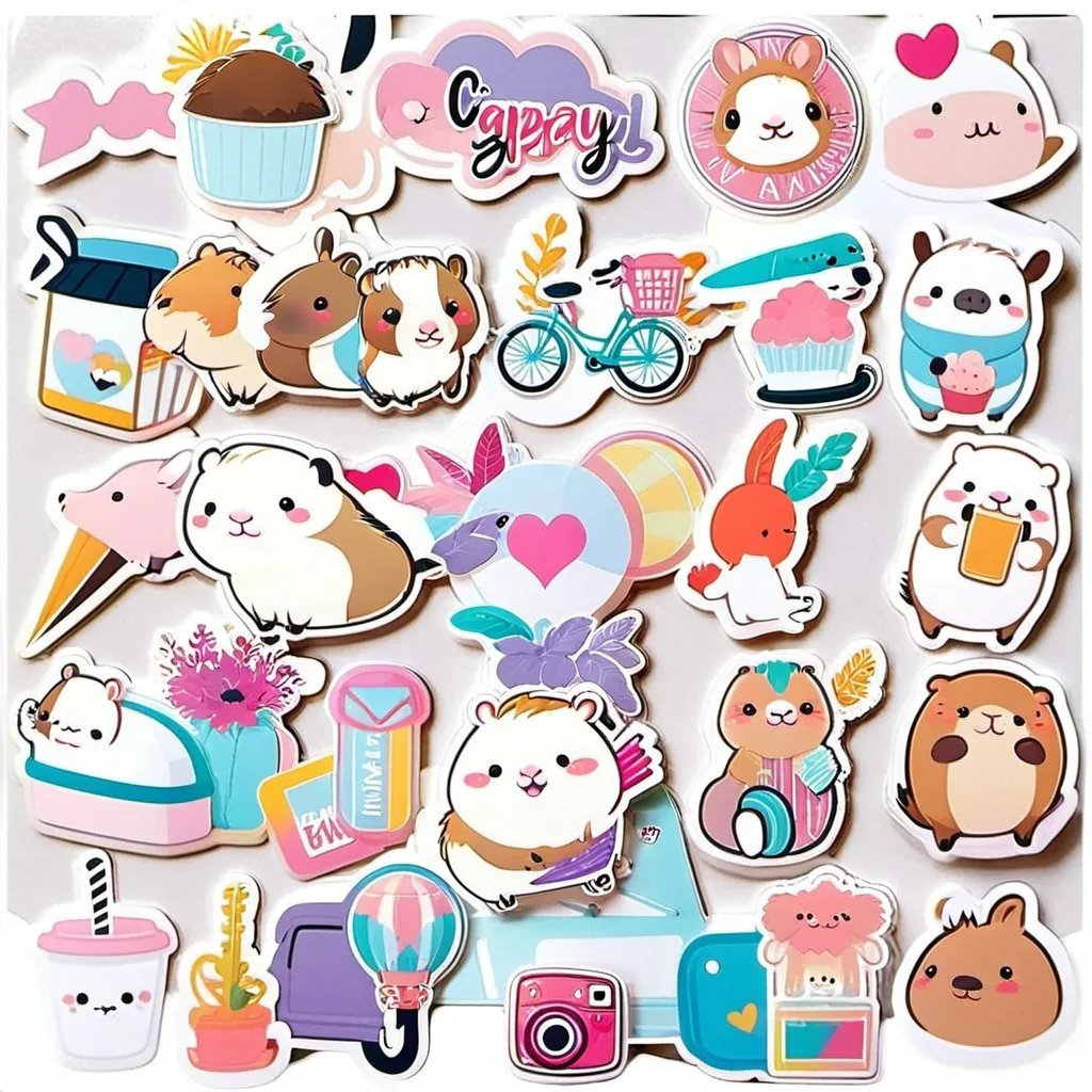Prompt: Cute misc-kawaii drawing of playful capybaras, kawaii style, funny poses, defined edges, white background, high quality, defined features, mischievous expressions, adorable, playful, detailed fur, best quality, kawaii, defined lines, cute poses, white background, highres, playful illustrations, separated drawings